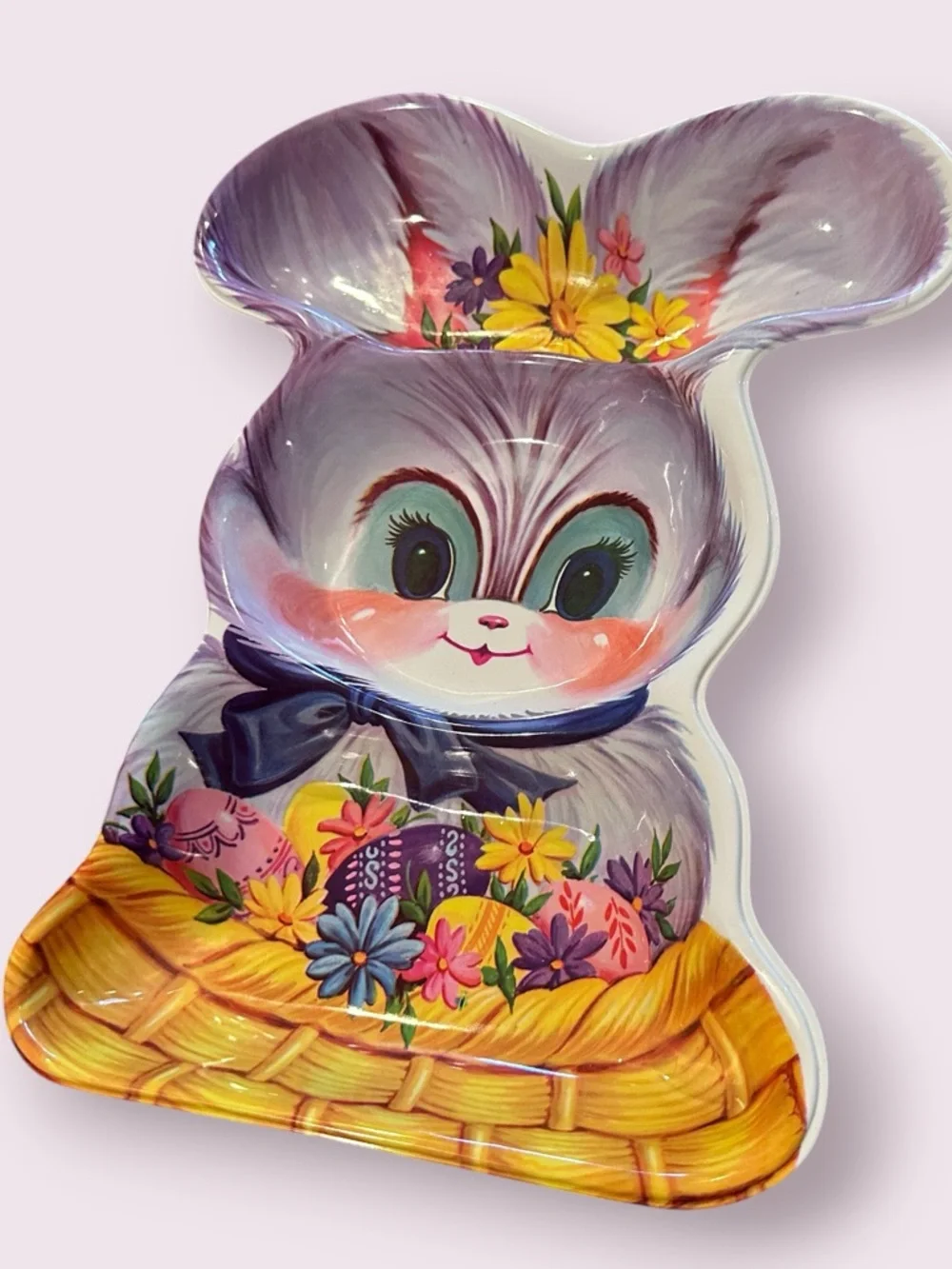 Vintage Plastic Bunny-Shaped Serving Dishes with Floral Basket Motif Easter